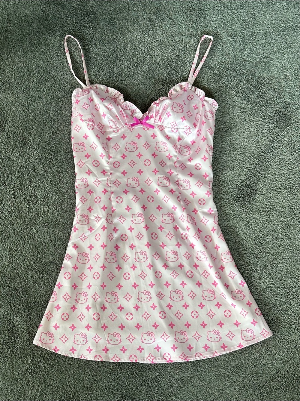 Y2K Ouchhh Hello Kitty Print Satin Chemise Slip Babydoll Dress LV Print McBling